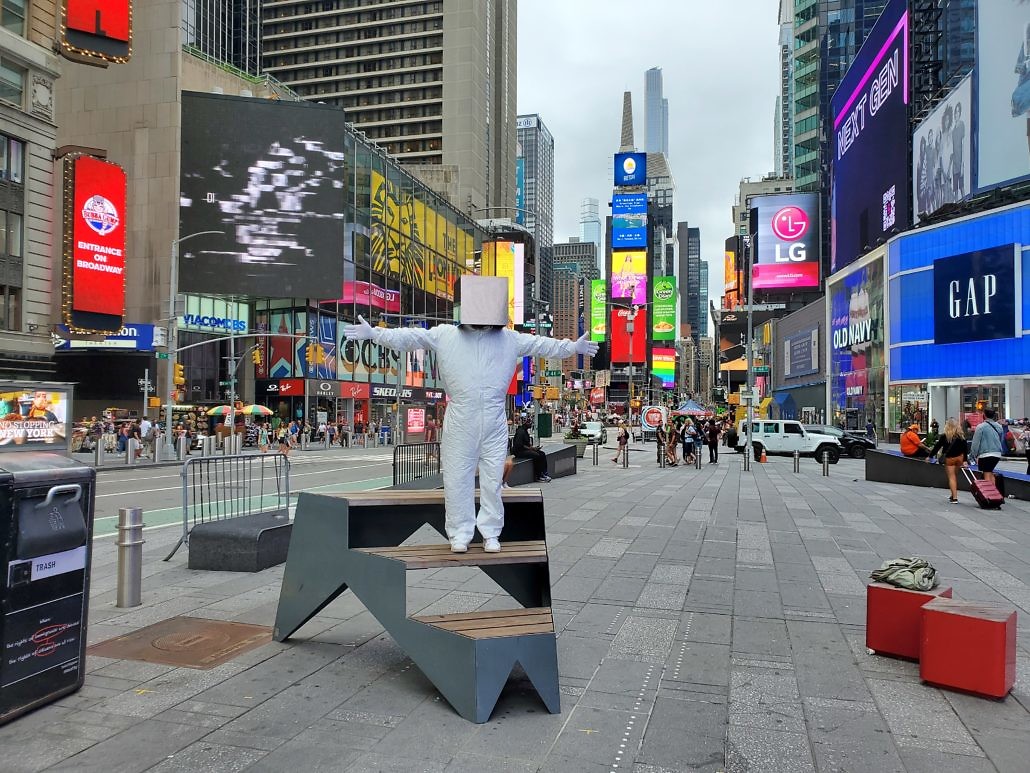 Cube Man in Times Square Plaza in New York City