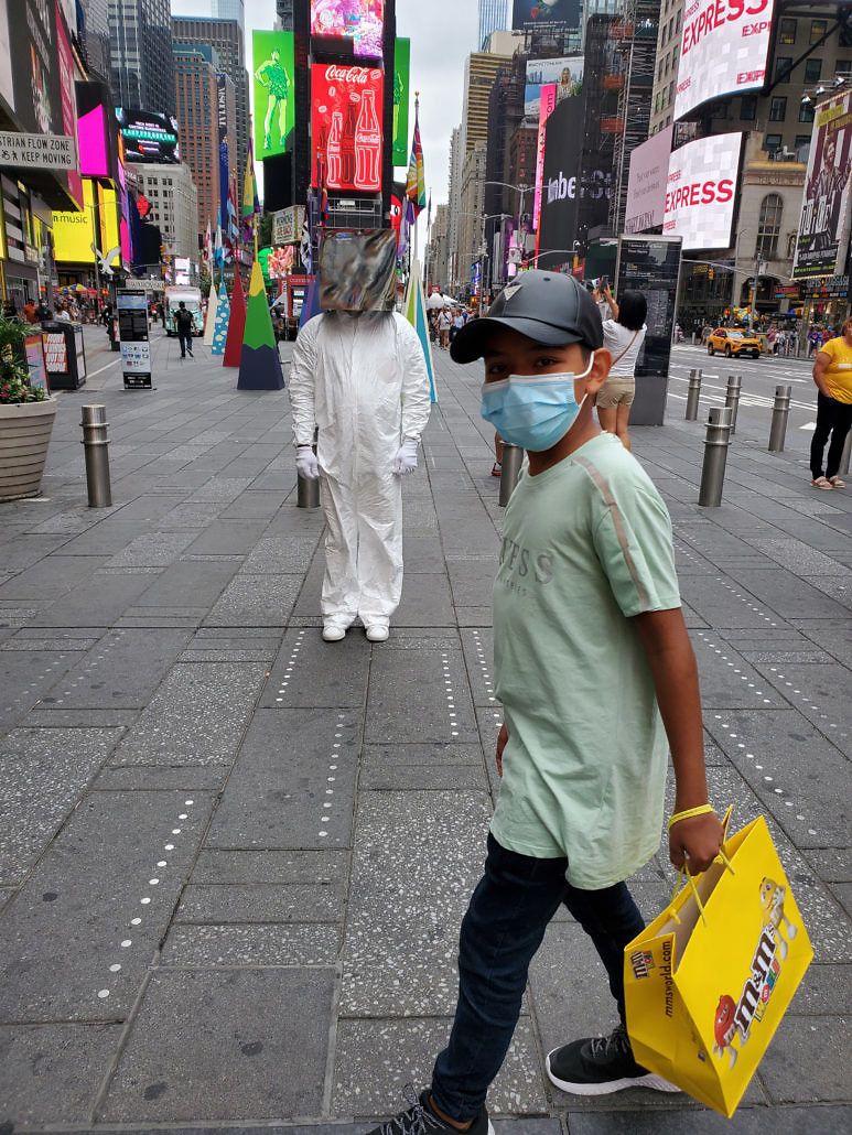 Cube Man in Times Square Plaza in New York City