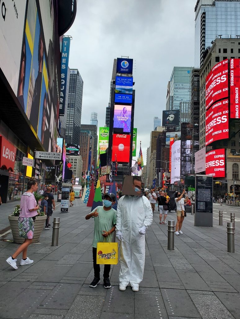 Cube Man in Times Square Plaza in New York City