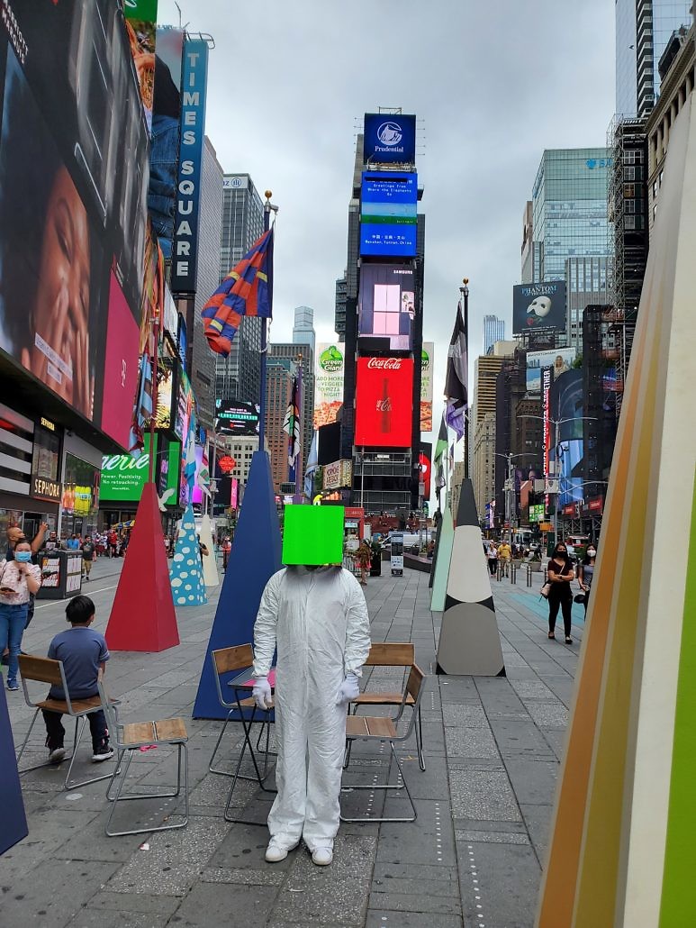 Cube Man in Times Square Plaza in New York City